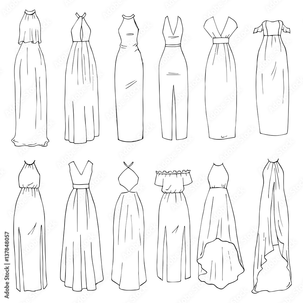Hand drawn vector clothing set. 12 models of trendy maxi dresses.  - obrazy, fototapety, plakaty 