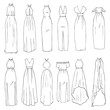 Hand drawn vector clothing set. 12 models of trendy maxi dresses. 