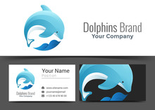 Dolphin Jumping Wave Corporate Logo And Business Card Sign Template. Creative Design With Colorful Logotype Visual Identity Composition Made Of Multicolored Element. Vector Illustration