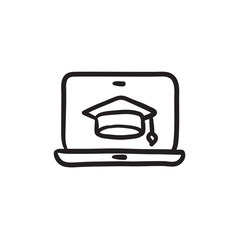 Wall Mural - Laptop with graduation cap on screen sketch icon.