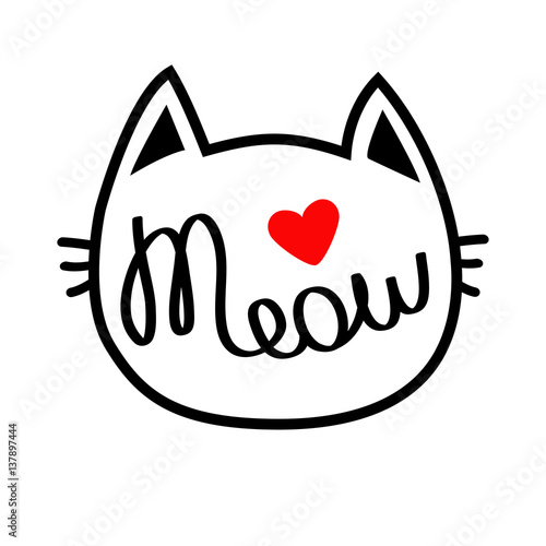 White Cat Head Silhouette Shape Meow Lettering Text Cute Cartoon White Cat Head Silhouette Shape Meow Lettering Text Cute Cartoon Character Red Heart Love Card Kawaii Animal Baby Pet Collection Sign Symbol