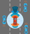 Autonomous Driverless Car on a road with visible connection Communication that connects cars to devices on the road, such as traffic lights, sensors, or Internet gateways. Wireless network of vehicle 