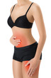 © kintarapong - woman posing perfect healthy body shape with holding her belly and Thigh in pain area with red highlighted, Isolated on white background.