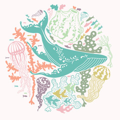 Sticker - Whale in the sea. Vector illustration