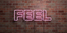 FEEL - Fluorescent Neon Tube Sign On Brickwork - Front View - 3D Rendered Royalty Free Stock Picture. Can Be Used For Online Banner Ads And Direct Mailers..