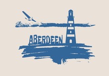 Lighthouse On Brush Stroke Seashore. Clouds Line With Retro Airplane Icon. Vector Illustration. Aberdeen City Name Text.