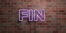 FIN - Fluorescent Neon Tube Sign On Brickwork - Front View - 3D Rendered Royalty Free Stock Picture. Can Be Used For Online Banner Ads And Direct Mailers..