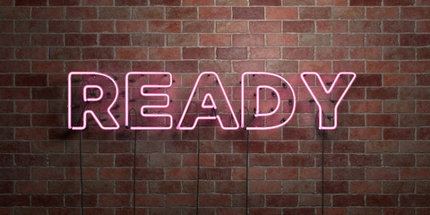 Wall Mural - ready - fluorescent neon tube sign on brickwork - front view - 3d rendered royalty free stock pictur