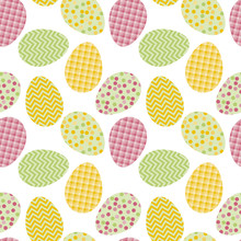 Seamless Pattern With White Easter Eggs And Polka Dots Or Confetti On White Background. Vector Illustration. Spring Repeatable Motif For Fabric, Wrapping Paper,  Cards