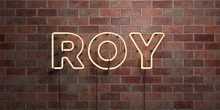 ROY - Fluorescent Neon Tube Sign On Brickwork - Front View - 3D Rendered Royalty Free Stock Picture. Can Be Used For Online Banner Ads And Direct Mailers..