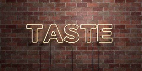 Wall Mural - taste - fluorescent neon tube sign on brickwork - front view - 3d rendered royalty free stock pictur