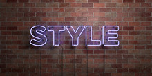 STYLE - Fluorescent Neon Tube Sign On Brickwork - Front View - 3D Rendered Royalty Free Stock Picture. Can Be Used For Online Banner Ads And Direct Mailers..