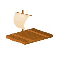 Wooden Raft With Sail. Vector Isolated Illustration