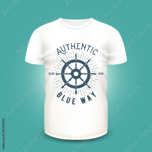 Download T-shirt mockup with steering wheel silhouette and sunburst. Vector illustration. Realistic ...