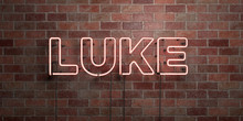 LUKE - Fluorescent Neon Tube Sign On Brickwork - Front View - 3D Rendered Royalty Free Stock Picture. Can Be Used For Online Banner Ads And Direct Mailers..