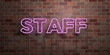 STAFF - fluorescent Neon tube Sign on brickwork - Front view - 3D rendered royalty free stock picture. Can be used for online banner ads and direct mailers..