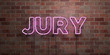 JURY - fluorescent Neon tube Sign on brickwork - Front view - 3D rendered royalty free stock picture. Can be used for online banner ads and direct mailers..