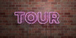 TOUR - fluorescent Neon tube Sign on brickwork - Front view - 3D rendered royalty free stock picture. Can be used for online banner ads and direct mailers..