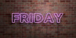 FRIDAY - fluorescent Neon tube Sign on brickwork - Front view - 3D rendered royalty free stock picture. Can be used for online banner ads and direct mailers..