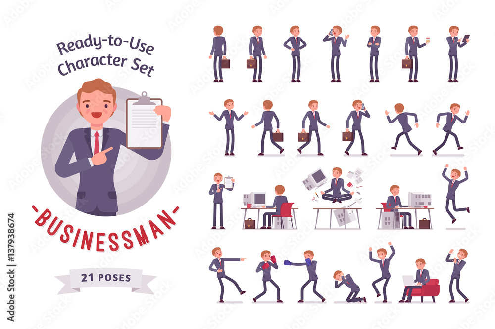 Ready-to-use businessman character set, different poses and emotions ...