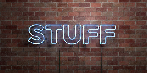 Wall Mural - stuff - fluorescent neon tube sign on brickwork - front view - 3d rendered royalty free stock pictur