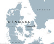 Denmark political map with capital Copenhagen and neighbor countries. Kingdom, Scandinavian and Nordic country in Europe. Gray illustration with English labeling on white background. Vector.