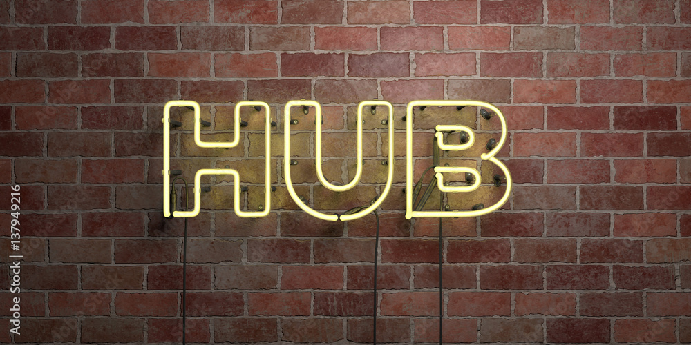 HUB - fluorescent Neon tube Sign on brickwork - Front view - 3D rendered royalty free stock picture. Can be used for online banner ads and direct mailers..