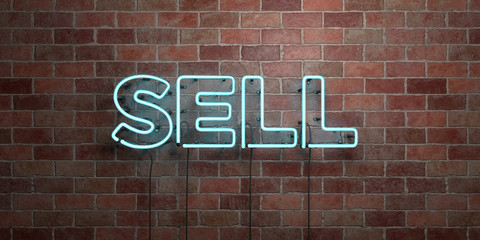 Wall Mural - sell - fluorescent neon tube sign on brickwork - front view - 3d rendered royalty free stock picture