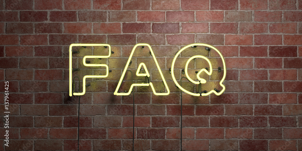 FAQ - fluorescent Neon tube Sign on brickwork - Front view - 3D rendered royalty free stock picture. Can be used for online banner ads and direct mailers.. - obrazy, fototapety, plakaty 