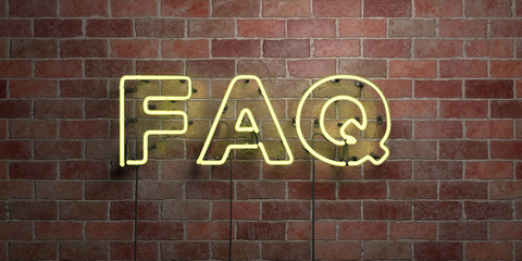 Wall Mural - FAQ - fluorescent Neon tube Sign on brickwork - Front view - 3D rendered royalty free stock picture. Can be used for online banner ads and direct mailers..