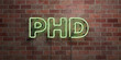 © Chris Titze Imaging - PHD - fluorescent Neon tube Sign on brickwork - Front view - 3D rendered royalty free stock picture. Can be used for online banner ads and direct mailers..