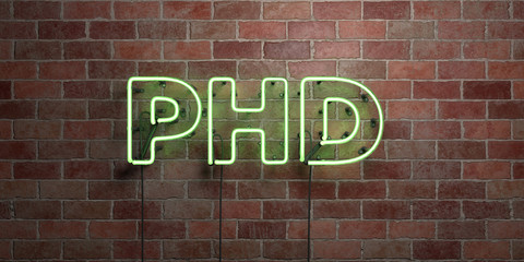 Wall Mural - phd - fluorescent neon tube sign on brickwork - front view - 3d rendered royalty free stock picture.