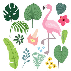 Wall Mural - summer tropical graphic elements with flamingo bird. jungle floral illustrations, palm and monstera 