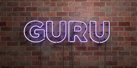 guru - fluorescent neon tube sign on brickwork - front view - 3d rendered royalty free stock picture