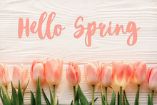 Hello Spring Text Sign, Beautiful Pink Tulips On White Rustic Wooden Background Flat Lay. Flowers In Soft Morning Sunlight With Space For Text. Greeting Card Concept