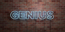 GENIUS - Fluorescent Neon Tube Sign On Brickwork - Front View - 3D Rendered Royalty Free Stock Picture. Can Be Used For Online Banner Ads And Direct Mailers..