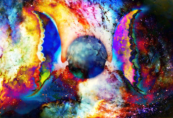 Aufkleber - flying butterfly in cosmic space and moon. Painting with graphic design.