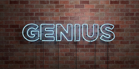 genius - fluorescent neon tube sign on brickwork - front view - 3d rendered royalty free stock pictu