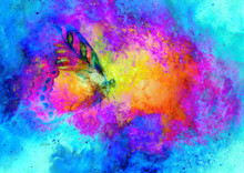 Flying Butterfly In Cosmic Space. Painting With Graphic Design.