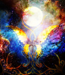 Aufkleber - butterfly in cosmic space and moon with ornament. Painting and graphic design.