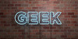 GEEK - fluorescent Neon tube Sign on brickwork - Front view - 3D rendered royalty free stock picture. Can be used for online banner ads and direct mailers..