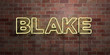 BLAKE - fluorescent Neon tube Sign on brickwork - Front view - 3D rendered royalty free stock picture. Can be used for online banner ads and direct mailers..