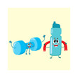 Funny dumbbell and protein shake bottle characters with smiling human faces, gym equipment, cartoon vector illustration isolated on white background. Smiling dumbbell and protein shaker characters