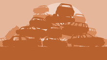 Cars In Salvage Junkyard In Evening With Sunset Vector