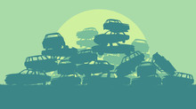 Cars In Salvage Junkyard In Evening With Sunset Vector