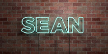 SEAN - Fluorescent Neon Tube Sign On Brickwork - Front View - 3D Rendered Royalty Free Stock Picture. Can Be Used For Online Banner Ads And Direct Mailers..