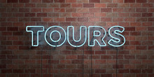TOURS - Fluorescent Neon Tube Sign On Brickwork - Front View - 3D Rendered Royalty Free Stock Picture. Can Be Used For Online Banner Ads And Direct Mailers..