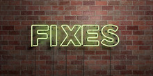 FIXES - Fluorescent Neon Tube Sign On Brickwork - Front View - 3D Rendered Royalty Free Stock Picture. Can Be Used For Online Banner Ads And Direct Mailers..