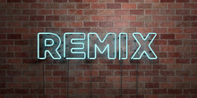 REMIX - Fluorescent Neon Tube Sign On Brickwork - Front View - 3D Rendered Royalty Free Stock Picture. Can Be Used For Online Banner Ads And Direct Mailers..