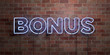 BONUS - fluorescent Neon tube Sign on brickwork - Front view - 3D rendered royalty free stock picture. Can be used for online banner ads and direct mailers..